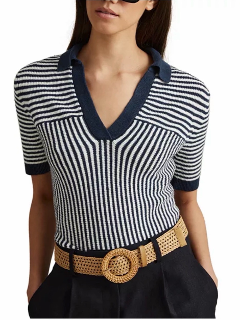 Reiss Navy & White Striped Knit Collar Sweater